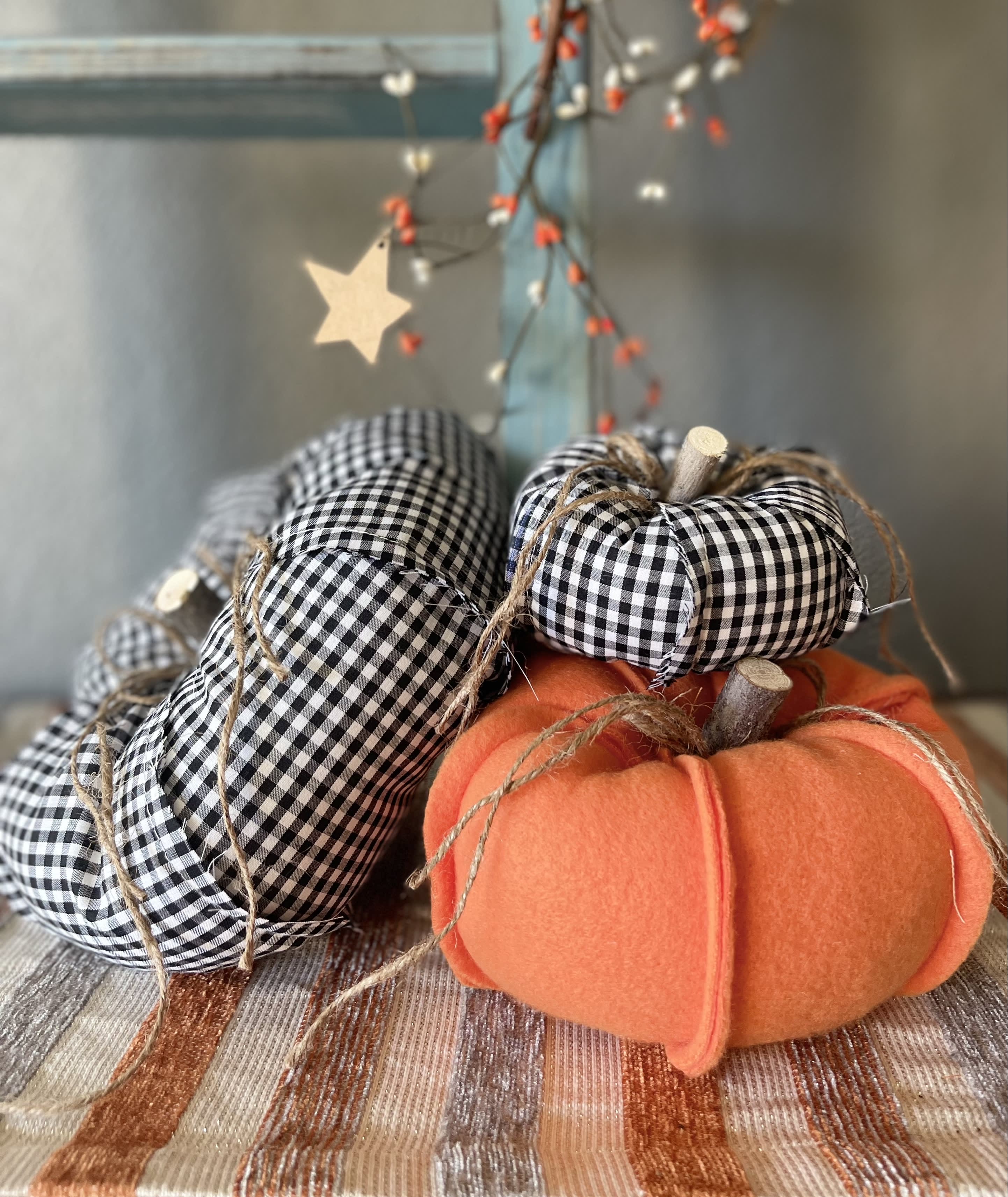 Black Gingham Fabric Pumpkin Set 3 Piece